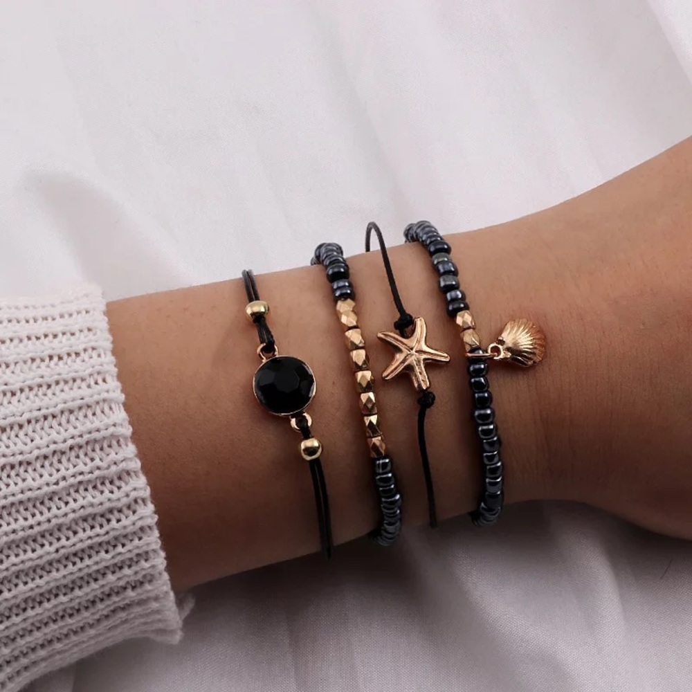 4 Pcs Black & Gold Starfish and Shell Bracelet Set - Picture 1 of 8
